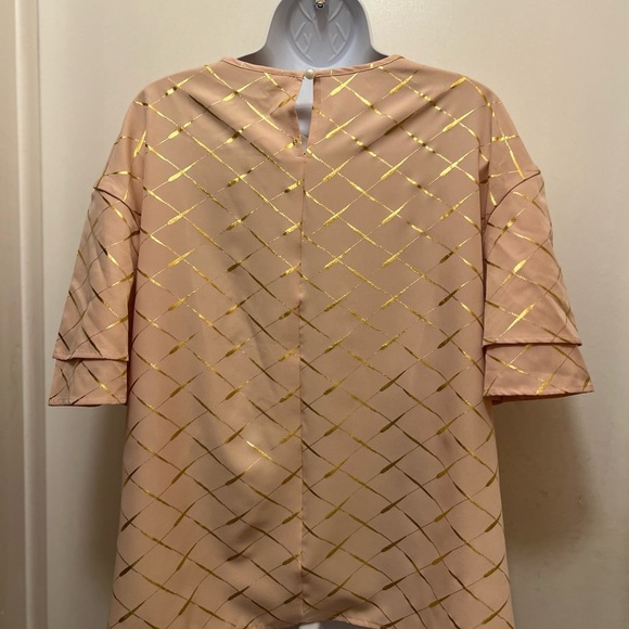Peach and Gold Plaid Print Flare Sleeve Blouse - Picture 7 of 10